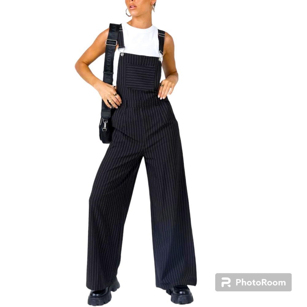 Princess Polly Hayden Black Pinstripe Wide Leg Overalls Size 10